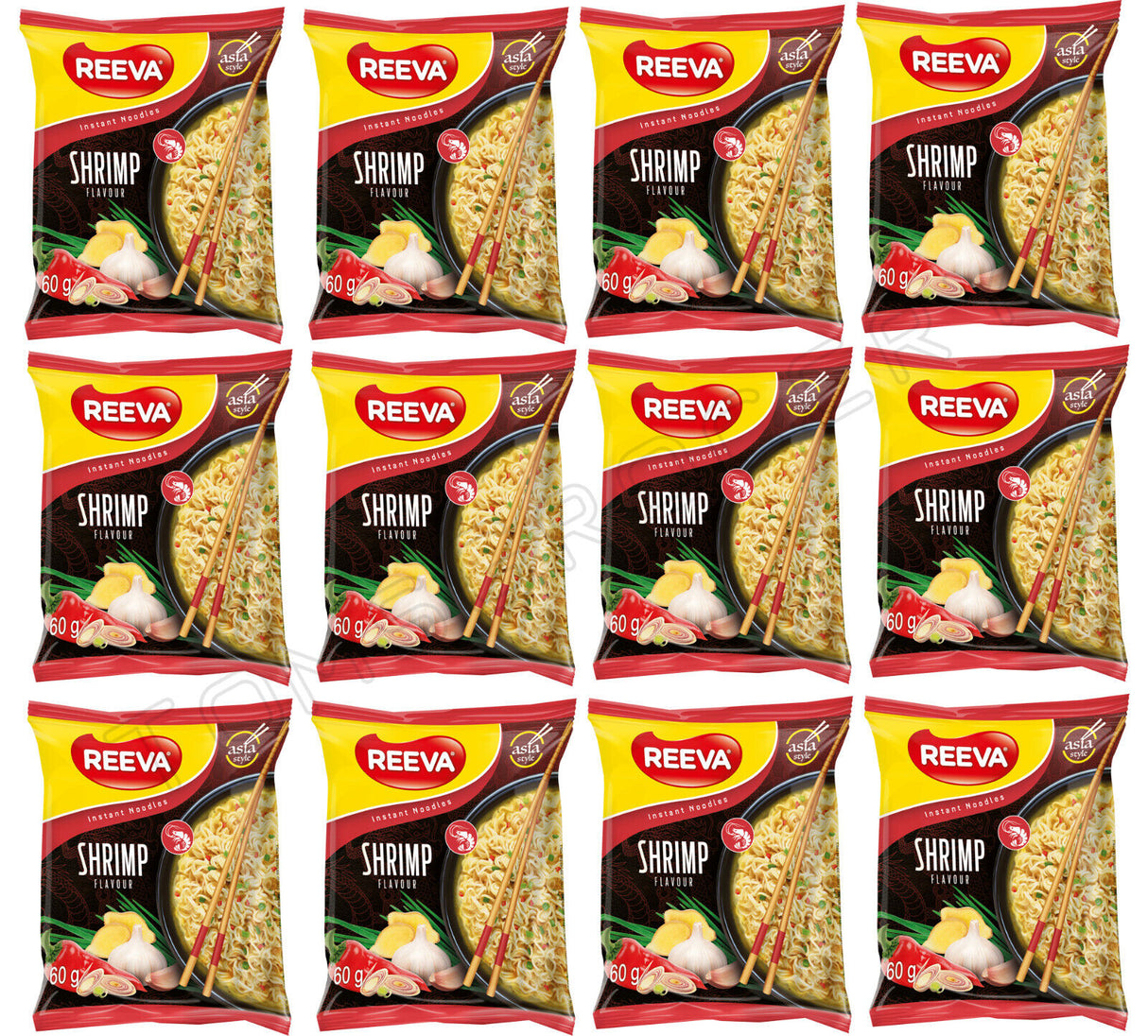 12 REEVA SHRIMP Flavor Instant Ramen Noodle Soup Snacks (Rollton) 60g