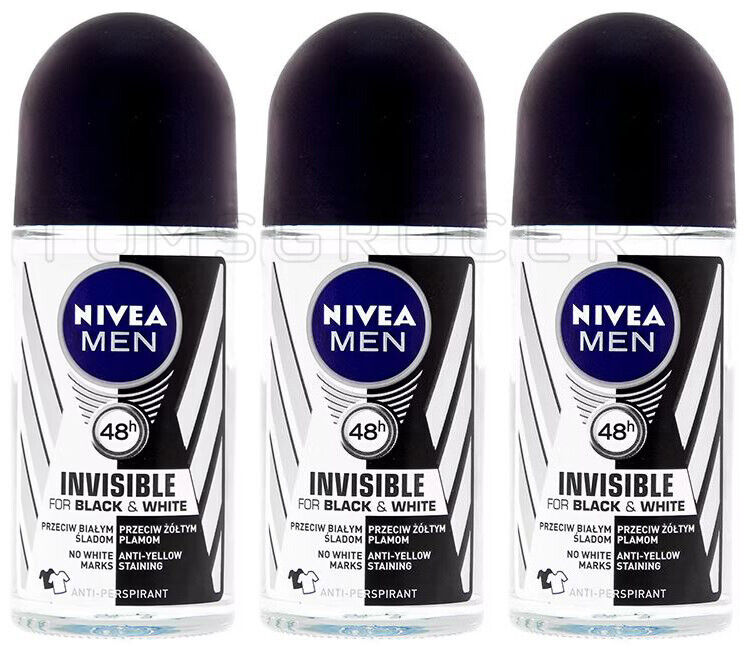 3 NIVEA MEN INVISIBLE Black & White 48h Roll On Deodorant Anti-Perspirant 50ml