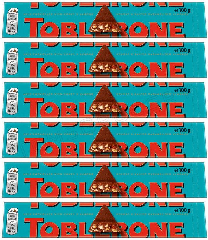 6 TOBLERONE CRUNCHY ALMONDS Swiss Chocolate Bars European Sweets 100g 3.5oz