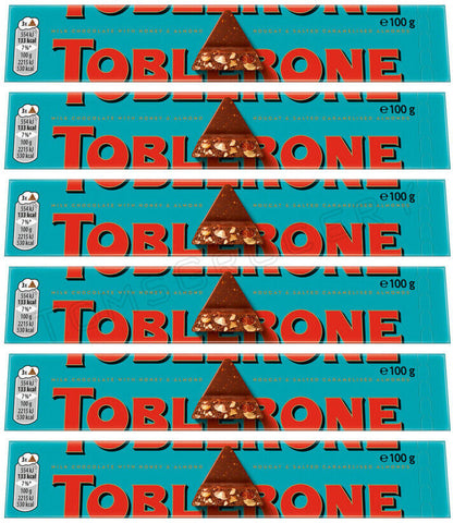 6 TOBLERONE CRUNCHY ALMONDS Swiss Chocolate Bars European Sweets 100g 3.5oz