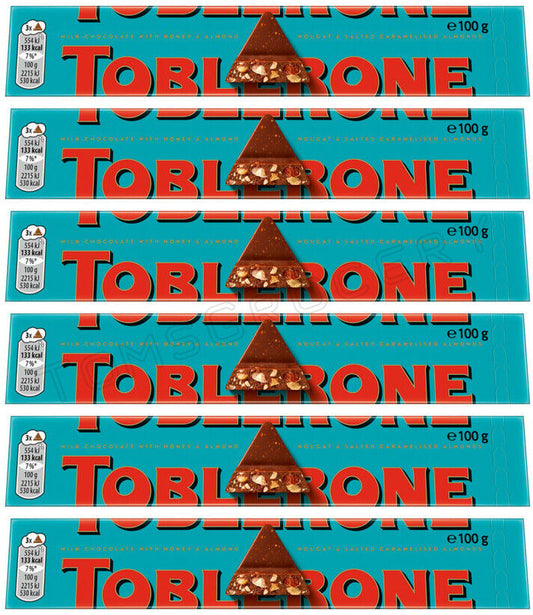 6 TOBLERONE CRUNCHY ALMONDS Swiss Chocolate Bars European Sweets 100g 3.5oz