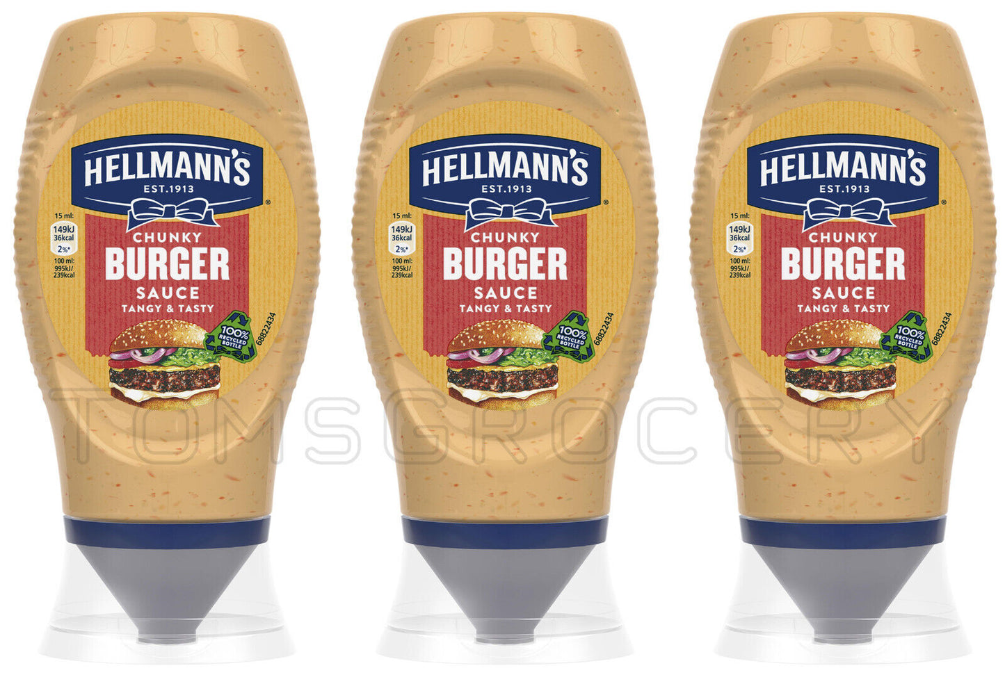 3 HELLMANNS CHUNKY BURGER Sauce Bottles Tangy & Tasty 250ml 8.45oz