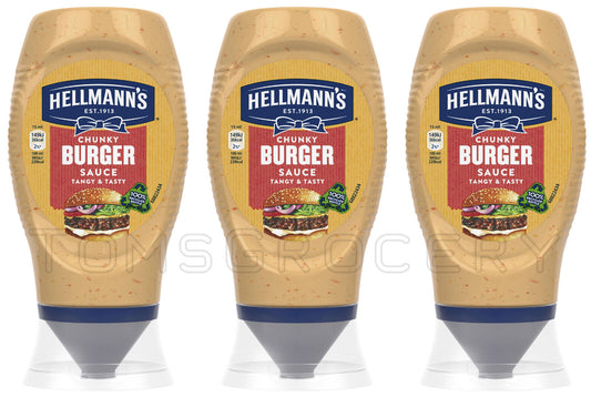 3 HELLMANNS CHUNKY BURGER Sauce Bottles Tangy & Tasty 250ml 8.45oz