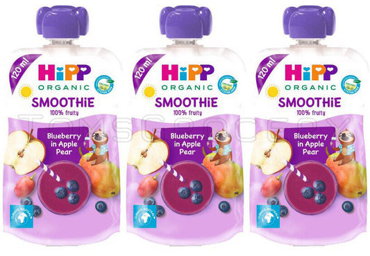 3 HIPP Organic Blueberry in Apple Pear Smoothie Dessert from 1 Year 120ml 4oz