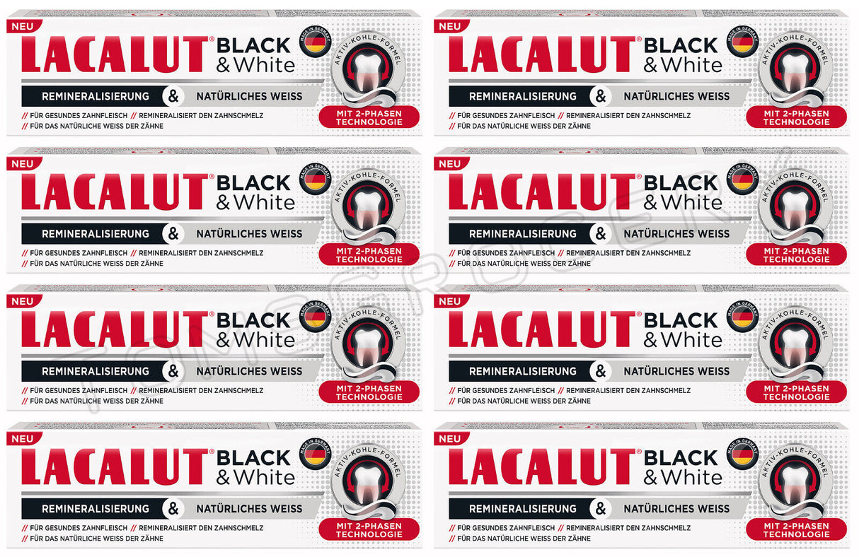8 LACALUT BLACK & WHITE Daily Charcoal Whitening Toothpaste Made in Germany 75ml