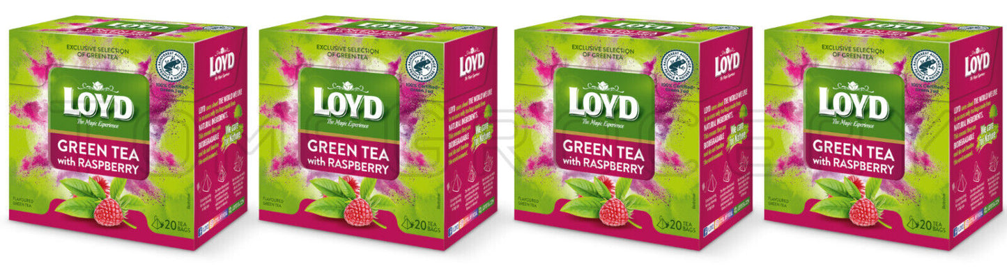 4 LOYD Green Tea with Raspberry Tea Boxes (80 servings total)