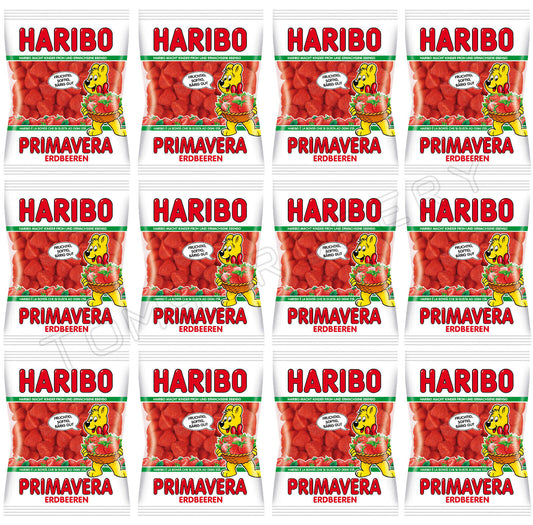 12 HARIBO PRIMAVERA Strawberry Flavor Sugar Coated Gummy Candy Sweets 100g 3.5oz