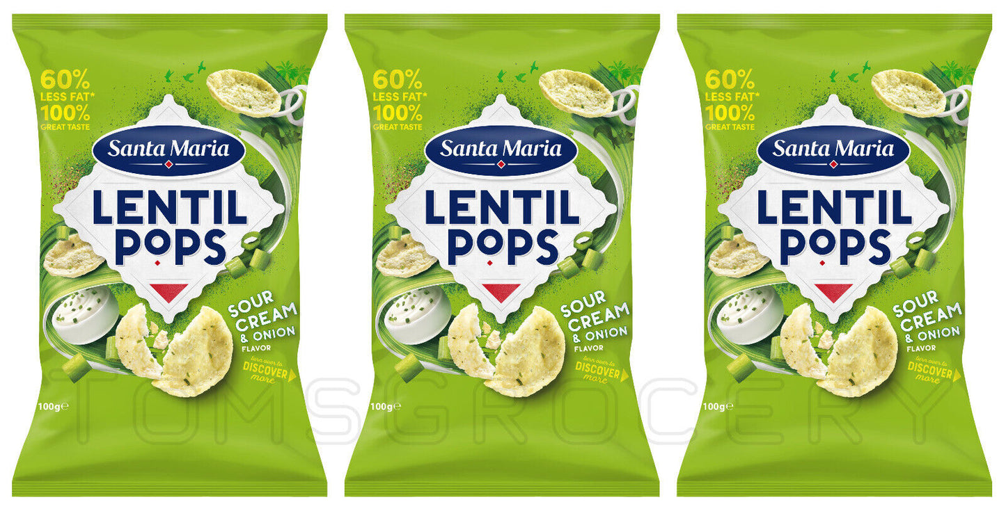 3 Santa Maria Lentil Pops Sour Cream & Onion Flavor Chips Low Fat 100g 3.5oz