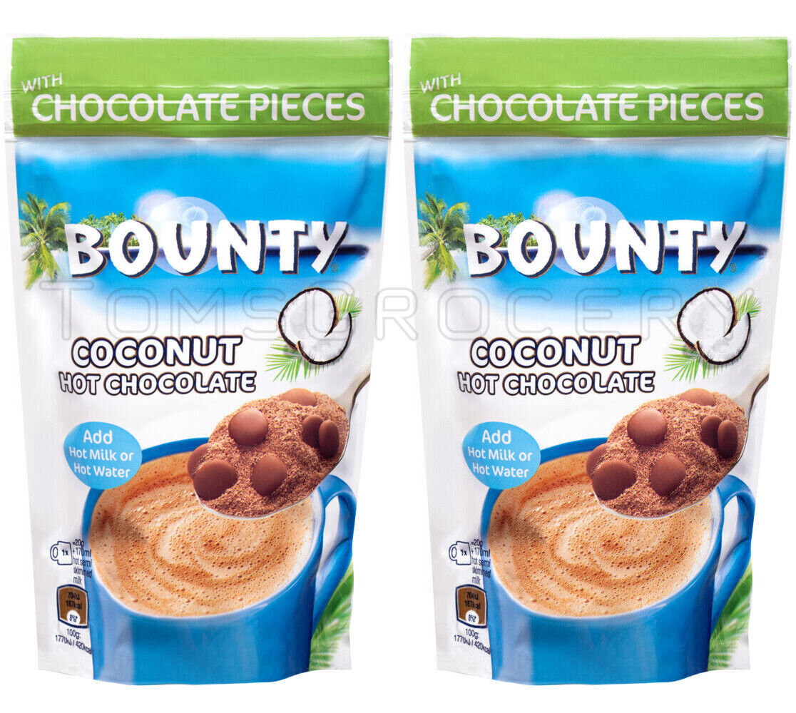 2 BOUNTY Coconut Hot Chocolate Powdered Drink with Chocolate Pieces 140g 4.9oz