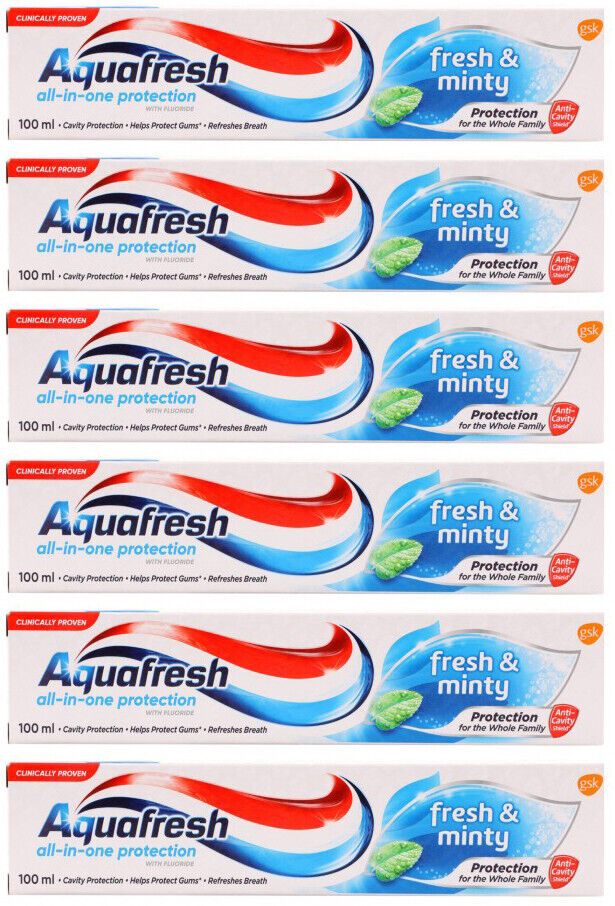 6 AQUAFRESH FRESH & MINTY All in One Protection Family Toothpaste 100ml