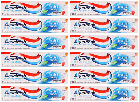 12 AQUAFRESH FRESH & MINTY All in One Protection Family Toothpaste 100ml