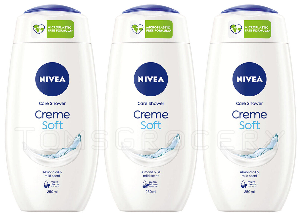 3 NIVEA CREME SOFT Care Shower Cream with Almond Oil & Mild Scent Bottles 250ml