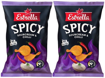 2 ESTRELLA SPICY Sourcream & Chilli Flavor Potato Chips Snacks Bags 115g 4oz