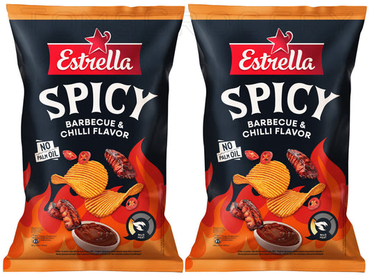 2 ESTRELLA SPICY Barbecue & Chilli Flavor Potato Chips Snacks Bags 115g 4oz