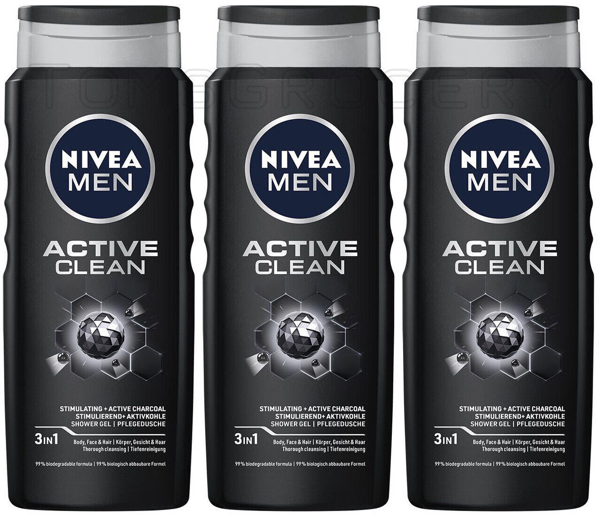 3 NIVEA MEN ACTIVE CLEAN 3in1 Stimulating Shower Gel with Active Charcoal 500ml