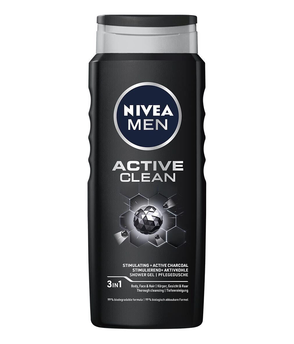 3 NIVEA MEN ACTIVE CLEAN 3in1 Stimulating Shower Gel with Active Charcoal 500ml