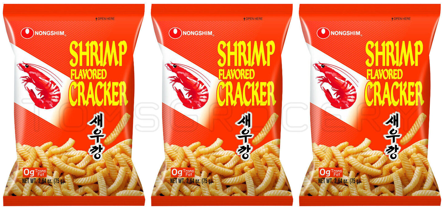 3 BAGS SHRIMP FLAVORED CRACKERS Asian Chips Snacks Treats Nongshim 75g 2.64oz