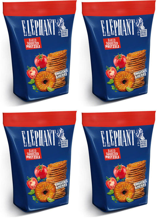 4 ELEPHANT Baked Squeezed Pretzels Tomatoes & Herbs Flavor Snacks 70g 2.5oz
