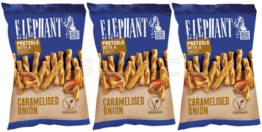 3 ELEPHANT Baked Twist Pretzels Caramelised Onion Flavor Snacks 70g 2.5oz