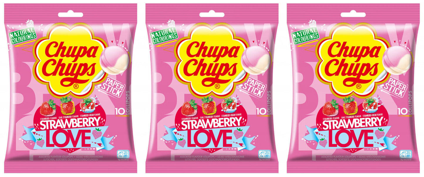 3 CHUPA CHUPS STRAWBERRY LOVE Assorted Lollipops Party Sweets Candy Bags 120g