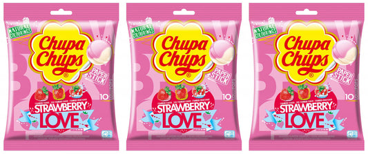 3 CHUPA CHUPS STRAWBERRY LOVE Assorted Lollipops Party Sweets Candy Bags 120g