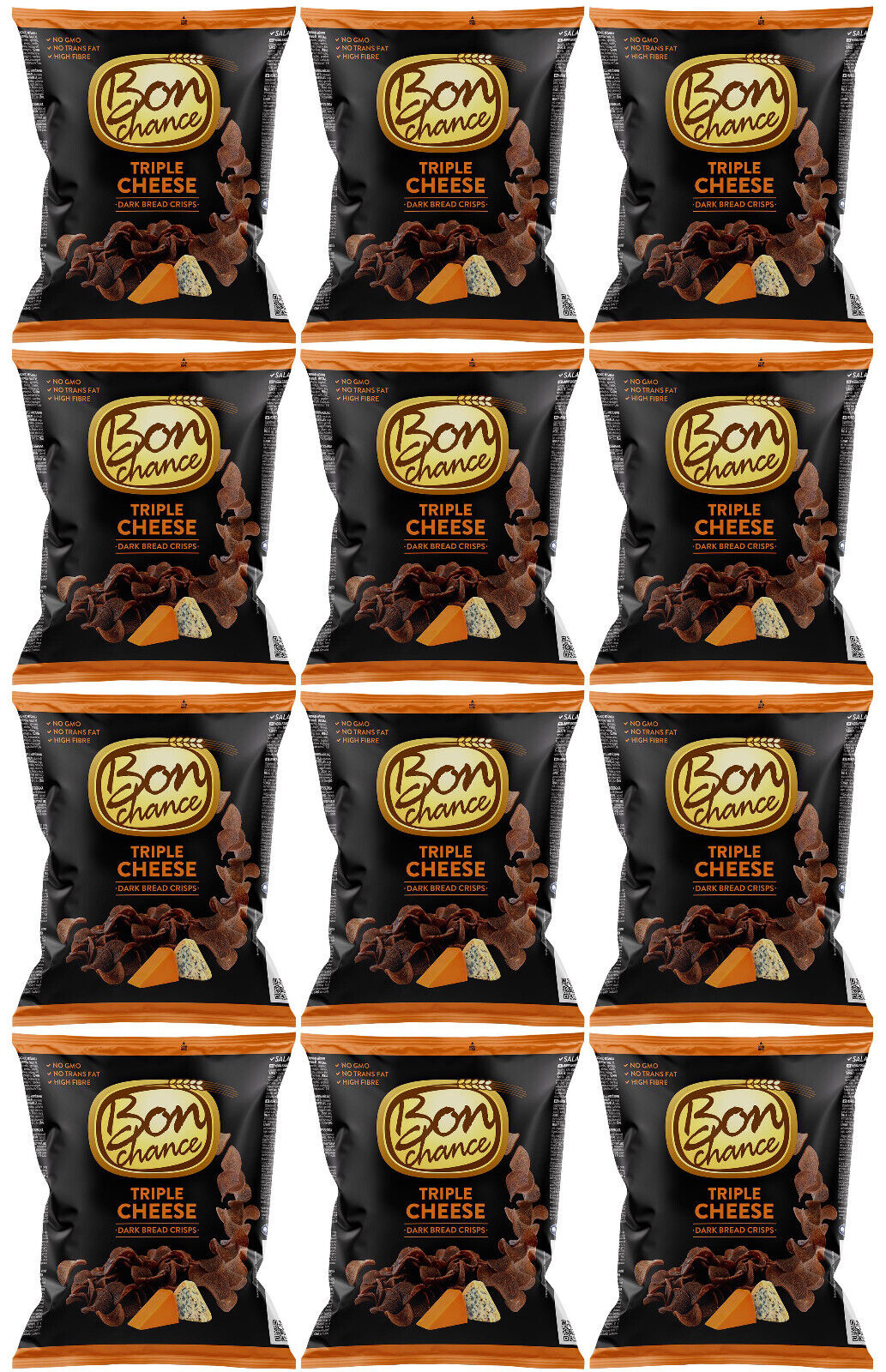 12 BON CHANCE TRIPLE CHEESE Flavor Baked Dark Bread Crisps Snacks Bags 120g