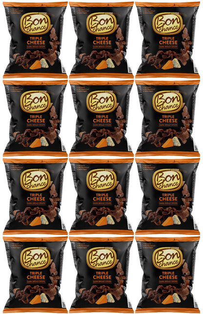 12 BON CHANCE TRIPLE CHEESE Flavor Baked Dark Bread Crisps Snacks Bags 120g