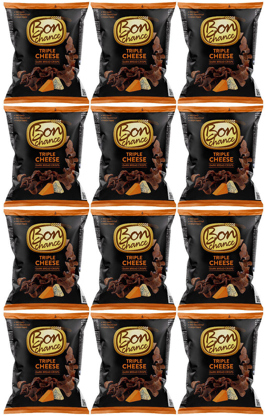 12 BON CHANCE TRIPLE CHEESE Flavor Baked Dark Bread Crisps Snacks Bags 120g
