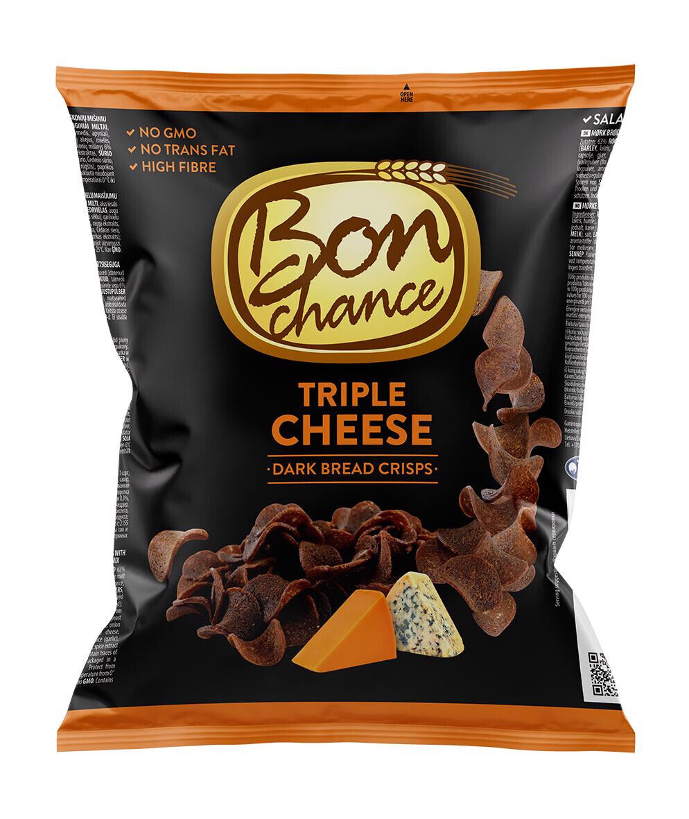 12 BON CHANCE TRIPLE CHEESE Flavor Baked Dark Bread Crisps Snacks Bags 120g