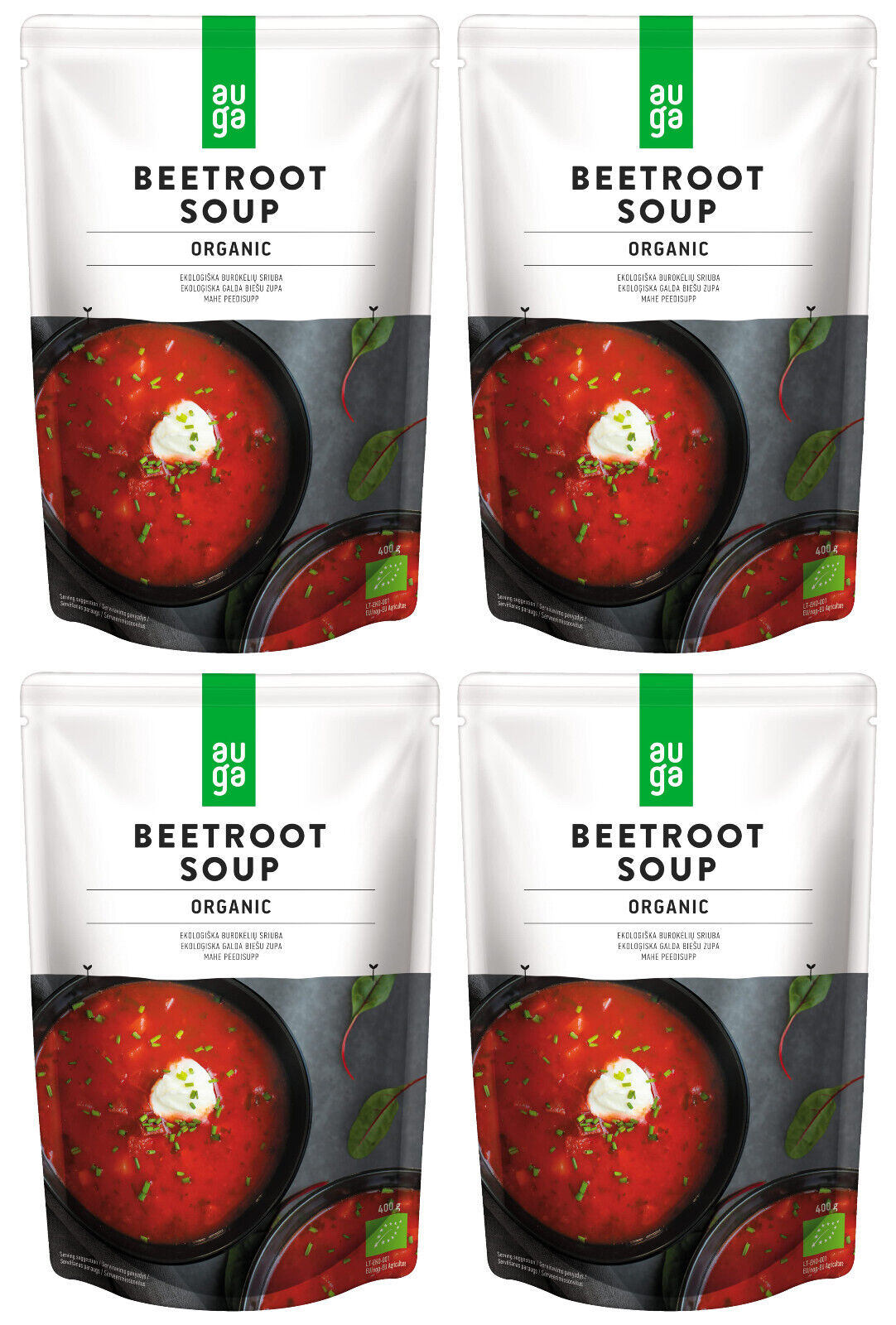 4 AUGA BEETROOT SOUP Organic Ready to Eat Instant Soup Packs 400g 14oz