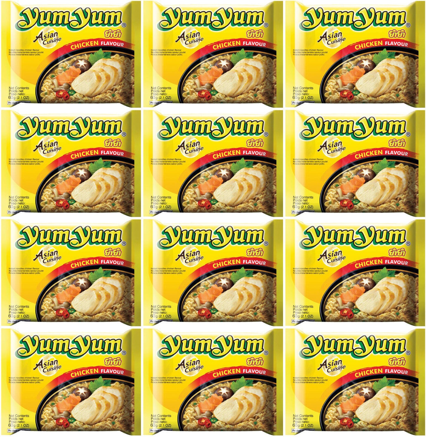12 YUM YUM Asian Cuisine Chicken Flavor Instant Ramen Noodle Soup Snacks 60g