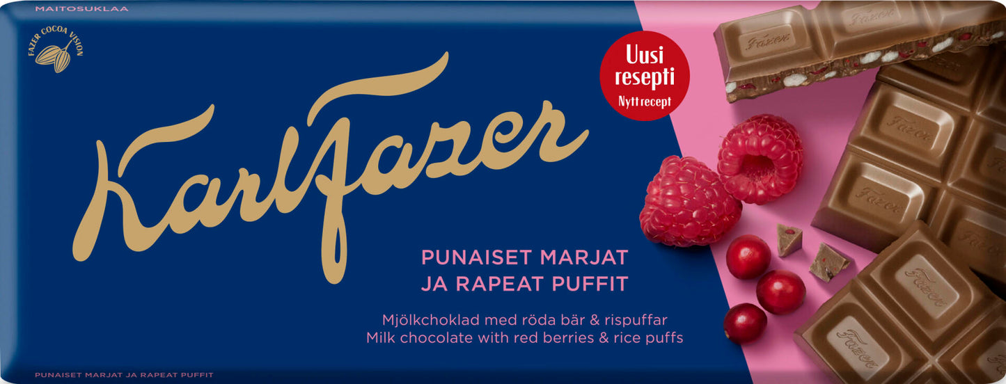 KARL FAZER Milk Chocolate Bar with Red Berries & Rice Puffs 180g 6.3oz