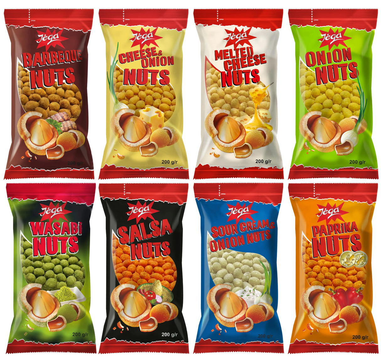 JEGA Crispy Coated Peanuts 8 Flavors Variety Snacks Bundle 8 x 200g