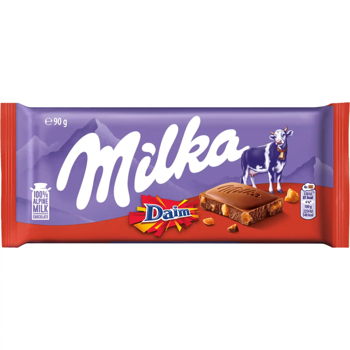 MILKA DAIM Swiss Alpine Milk Chocolate Bar with Almonds & Caramel 90g