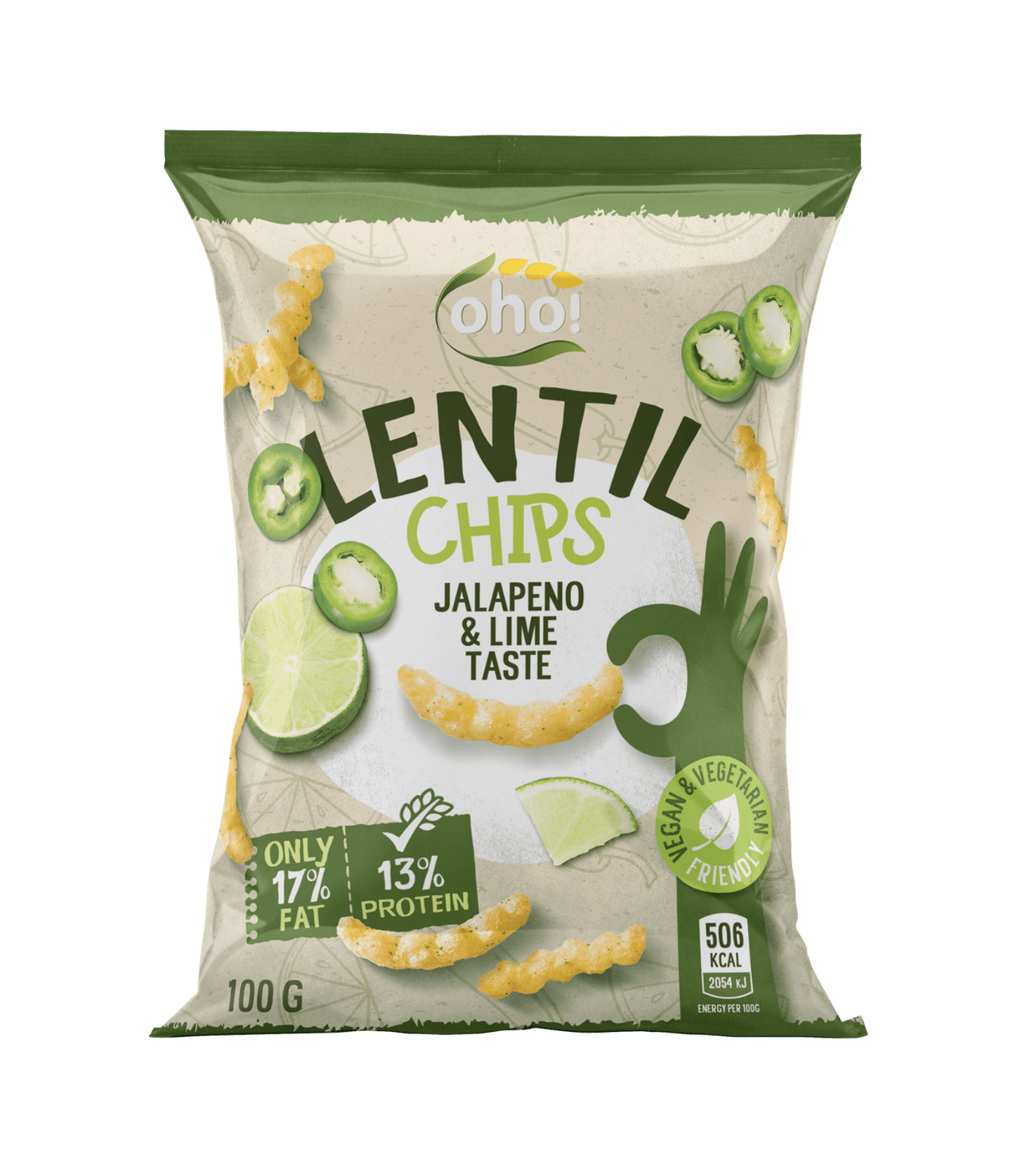 OHO LENTIL CHIPS JALAPENO & LIME Flavor Snacks Vegan Friendly Low Fat 100g