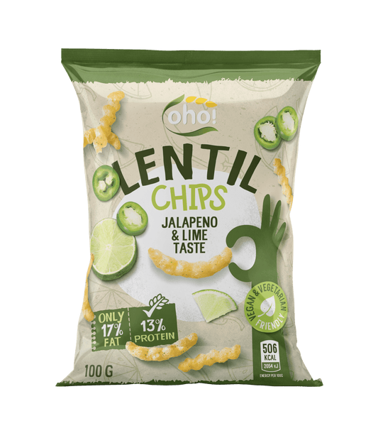OHO LENTIL CHIPS JALAPENO & LIME Flavor Snacks Vegan Friendly Low Fat 100g