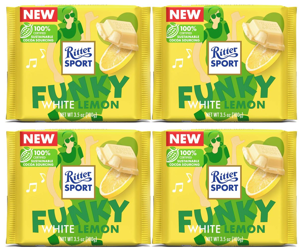 RITTER SPORT FUNKY WHITE LEMON Chocolate Bars 4 x 100g 3.5oz