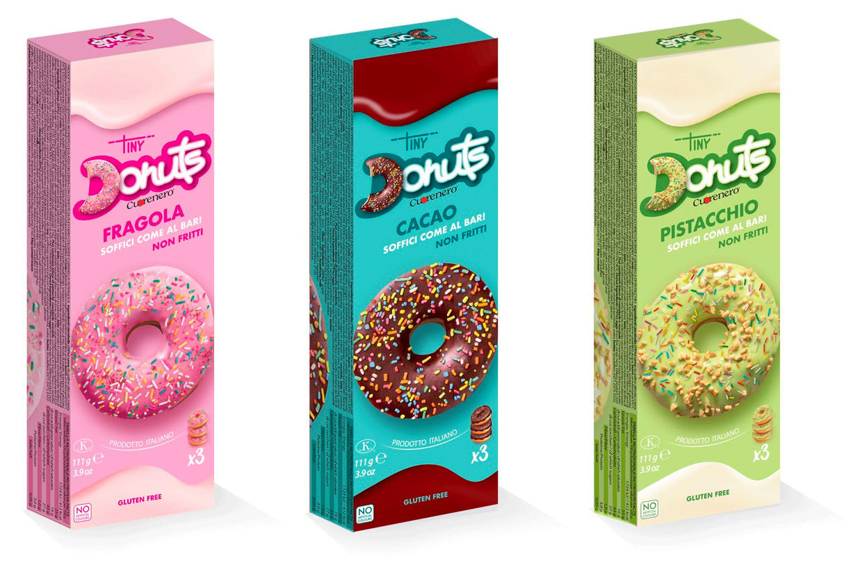 CUORENERO Tiny Donuts Strawberry, Cocoa & Pistachio Flavors 3 x 111g