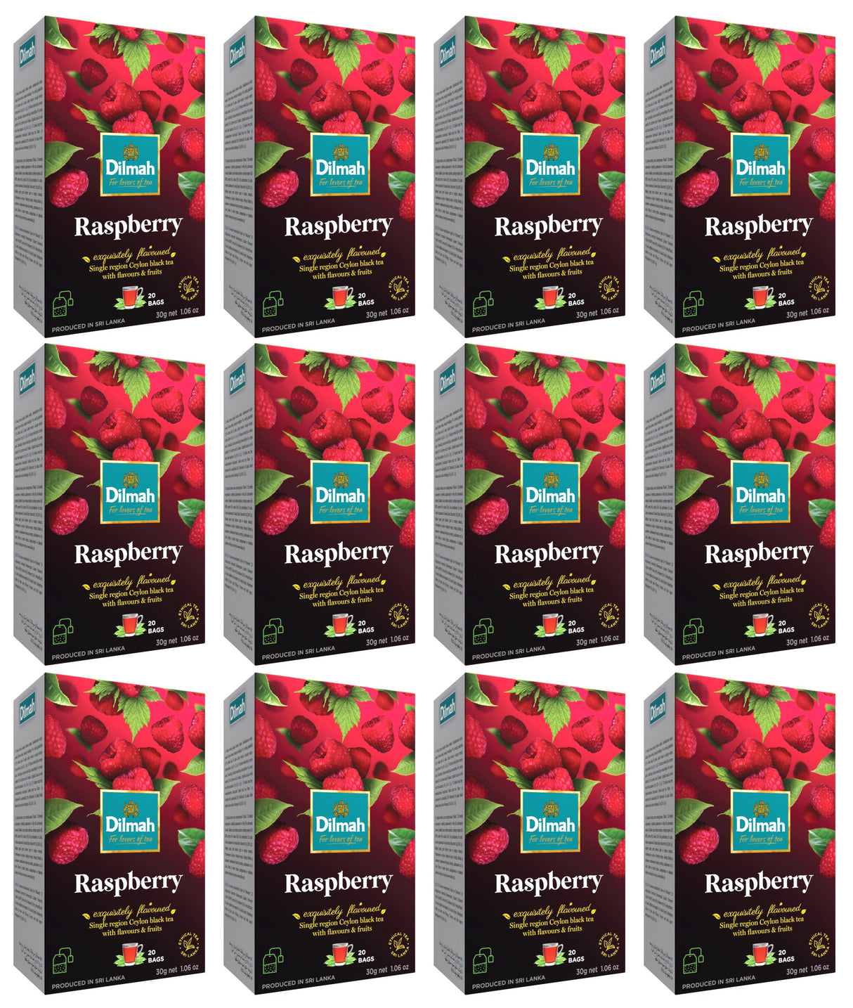 DILMAH RASPBERRY Flavor Ceylon Black Tea Boxes 12 x 30g
