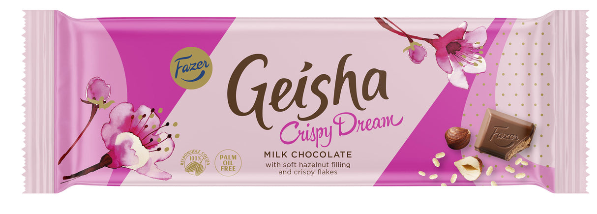 FAZER GEISHA Crispy Dream Milk Chocolate Bar with Hazelnut & Crispy Flakes Filling 100g