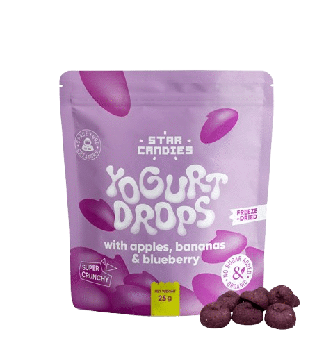 STAR CANDIES Freeze Dried Yogurt Drops with Apples, Bananas & Blueberry Organic Fruit Snack 25g