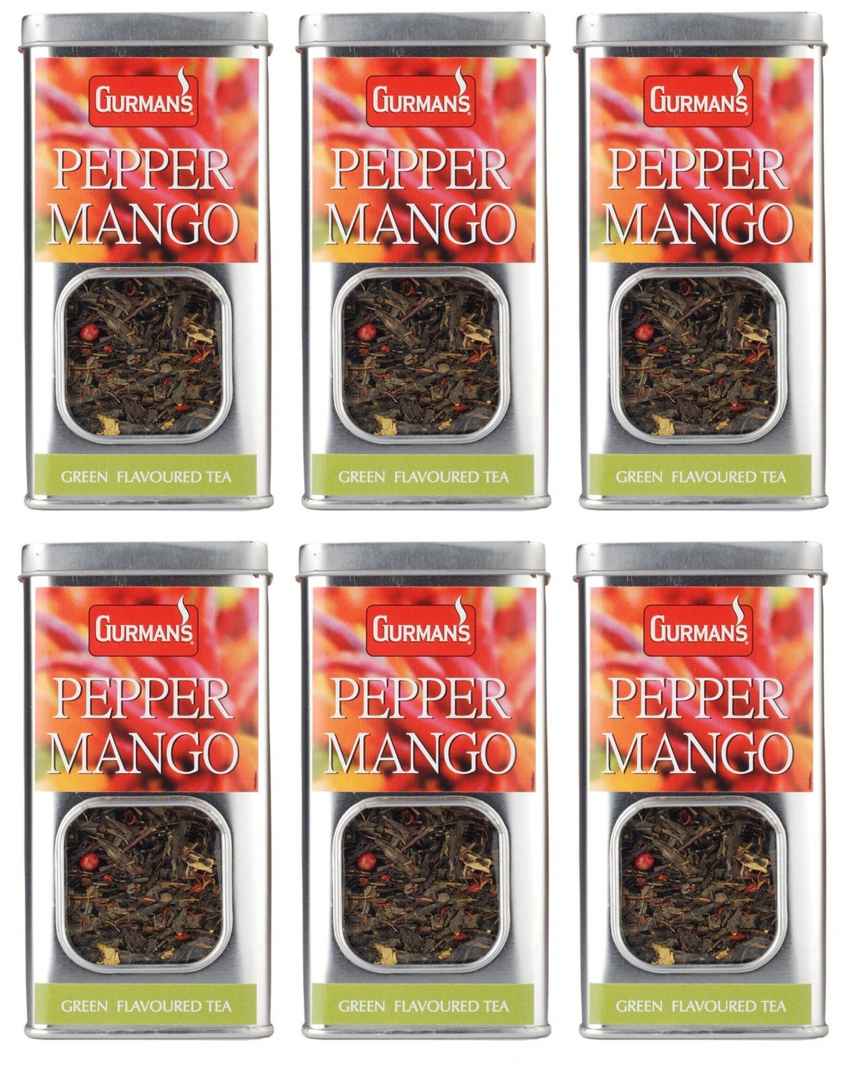 GURMANS PEPPER MANGO Flavor Loose Green Tea Tins 6 x 70g