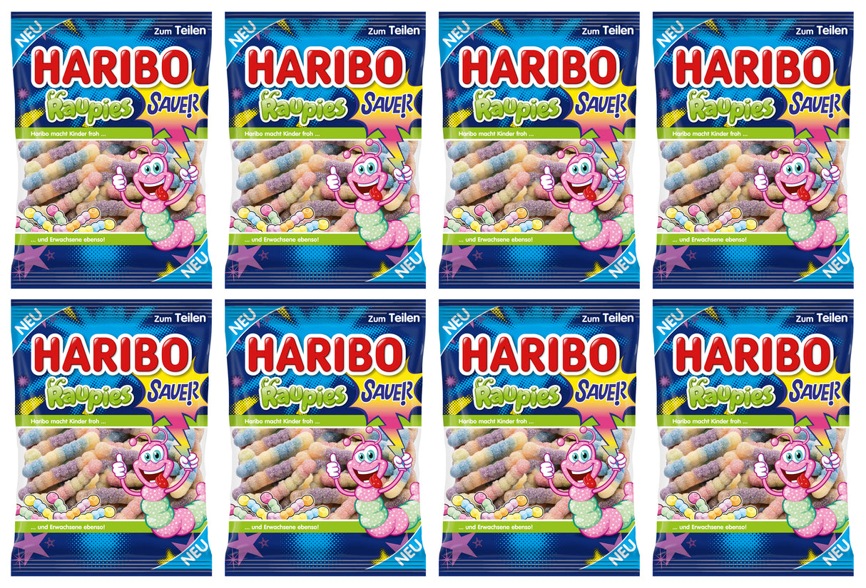 HARIBO RAUPIES Sour Sugar Coated Worms Gummi Candies 8 x 160g