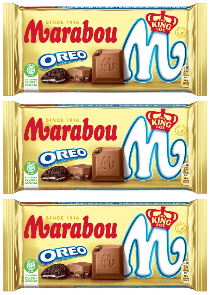 3 MARABOU OREO King Size Chocolate Bars With Cookie Crisps Sweets 220g 7.7oz