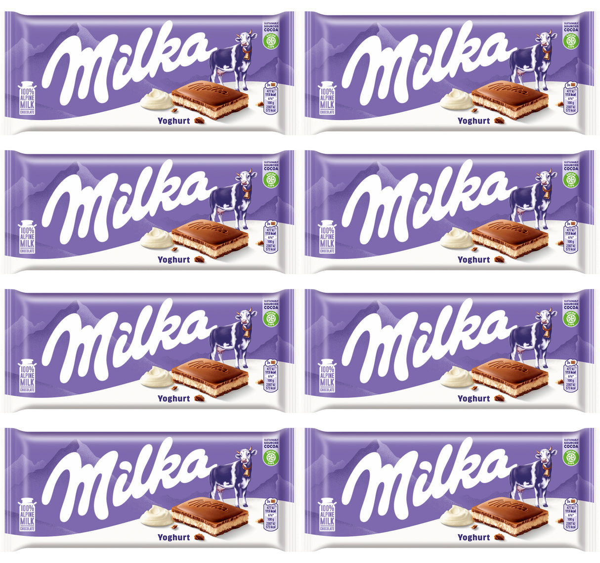 8 MILKA Alpine Milk Chocolate Bars with Yoghurt Filling 100g