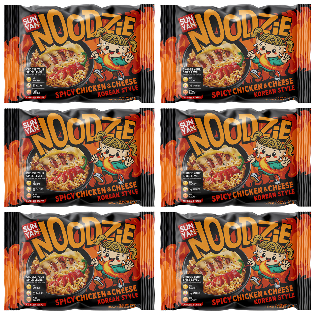 6 SUN YAN NOODZIE Spicy Chicken & Cheese Korean Style Instant Ramen Packs 120g 4.2oz
