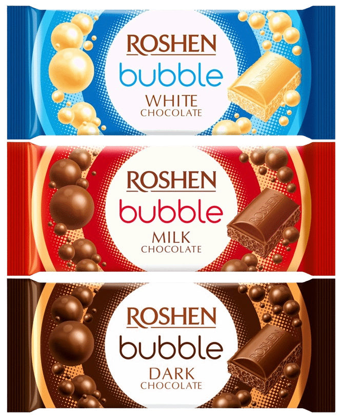 3 ROSHEN BUBBLE White Dark & Milk Chocolate Bars Ukrainian Sweets 80g 2.8oz