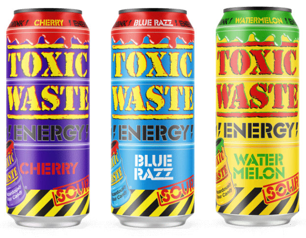 TOXIC WASTE Energy Drink Bundle Sour Cherry, Watermelon, Blue Razz Flavors 3 x 500ml