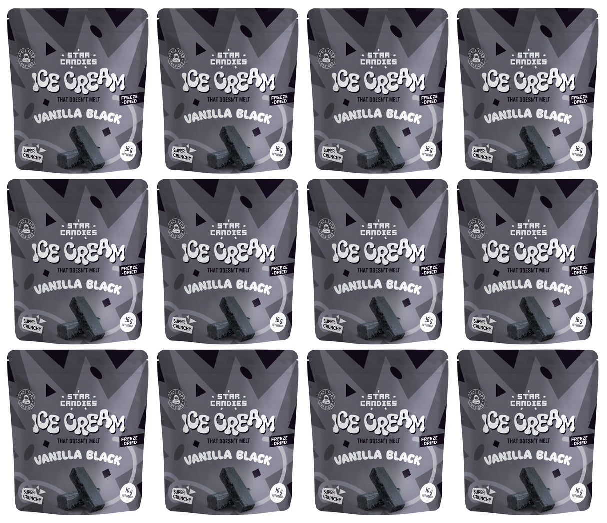 STAR CANDIES Freeze Dried Ice Cream Vanilla Black Flavor 12 x 16g